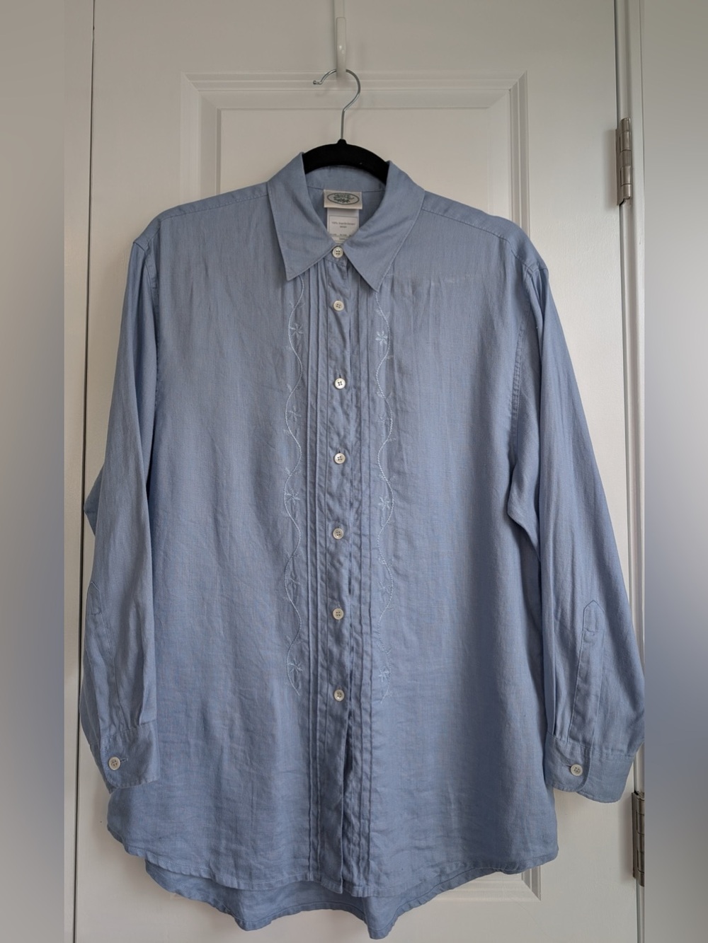 Vintage Laura Ashley Linen Oversized Button Down Floral Embroidered Blue Small